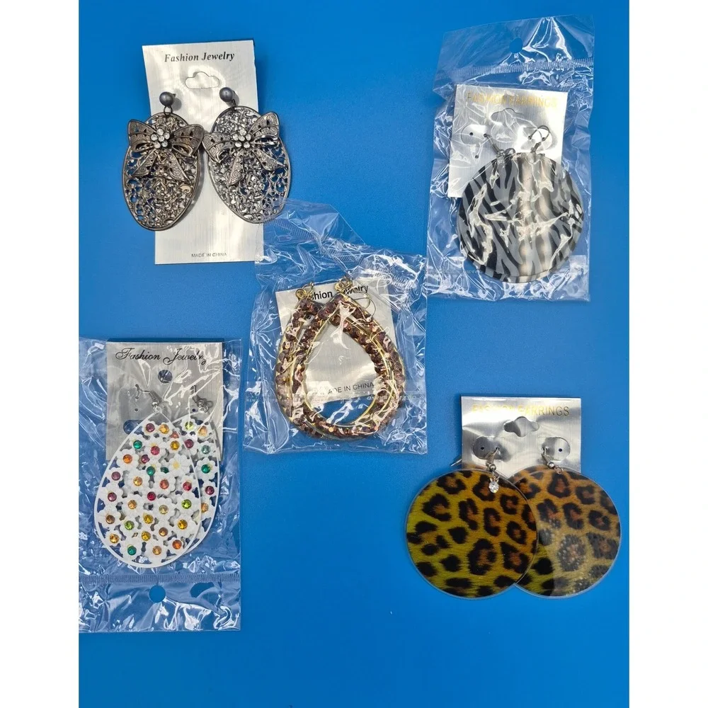 Fashion Earrings Lot 5 Pairs Multicolor Animal Print Filigree Crystal Statement
